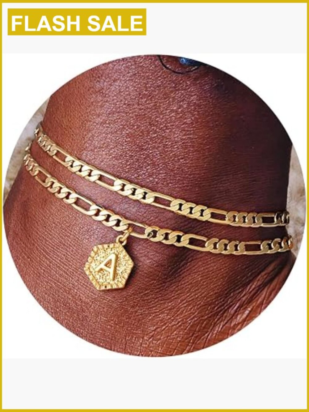 Gold-Plated Initial A Anklet, Figaro Chain Layered Hexagon Anklet for Women